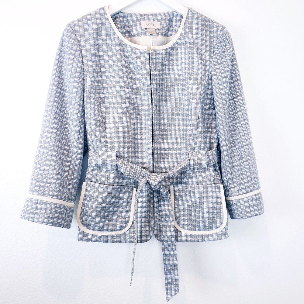 Loft Blue and Cream Belted Blazer Size M